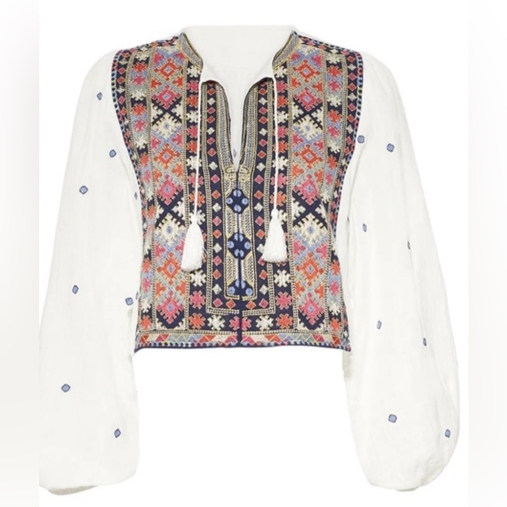 Free People White Embroidered Boho Peasant Top with Multicolor Front Panel